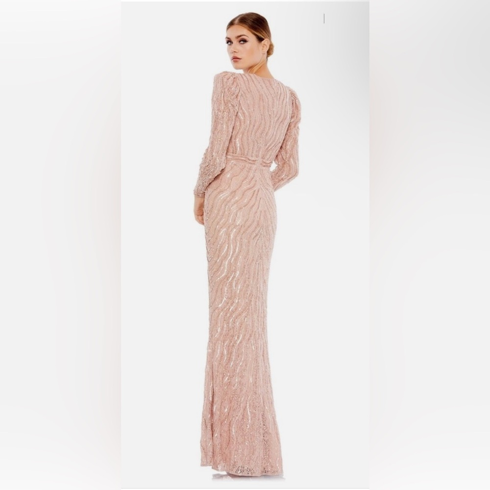 *Mac Duggal Beaded Puff Sleeve Deep Illusion V-neck Gown in Mocha Size 2C - Picture 2 of 8